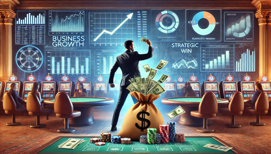 A victorious casino player carrying business charts and reports, symbolizing success through data-driven decision-making in high-stakes environments.
