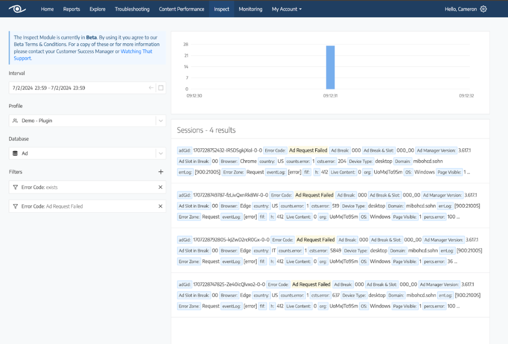 Inspect Pinpoint Faulty Sessions
