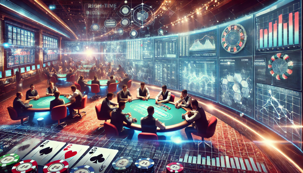 Fictional AI generated view of a casino with overlays of business intelligence data visualisations.
