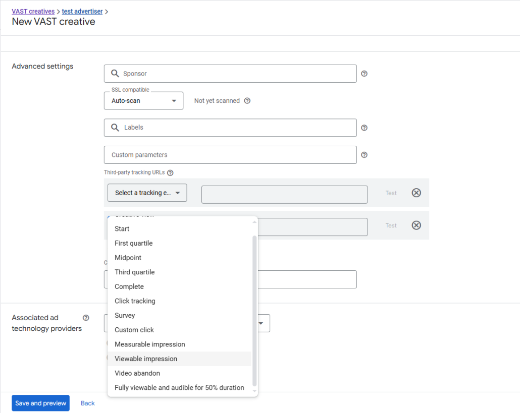 Screenshot of the Google Ad Manager interface that shows where in the UI you add tracking pixels