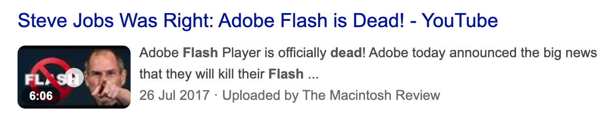 YouTube video about Adobe Flash being killed off by Apple