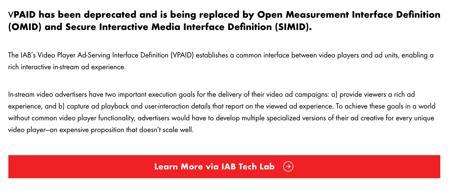 IAB notice about the deprecation of the VPAID spec